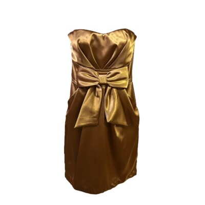 Studio Y Womens Sheath Dress Gold Mini Sweetheart Neck Strapless Bow Satin 7/8-image