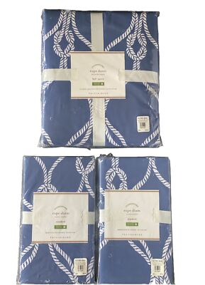 SET Pottery Barn Rope Full / Queen Duvet & 2 Standard Sham Blue White Nautical-image