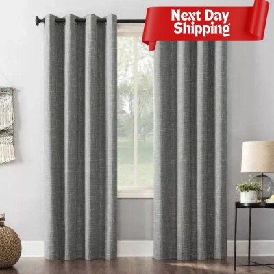 100% Blackout Curtains Gray, Burlap Weave Thermal Grommet Top Curtain Panel 84