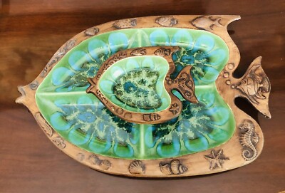 Vintage Treasure Craft 2 Piece Fish Shape Vegetable Tray and Dip Bowl #390 USA-image