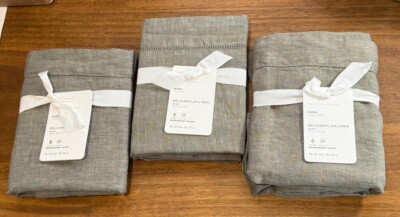 Lot of 3 POTTERY BARN Belgian Flax Linen Shams In Loden Green 2 Euro/1 King NEW!-image