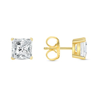 3.5 Ct Princess Cut Earrings Studs Real Solid 14K Yellow Gold Push Back Basket-image