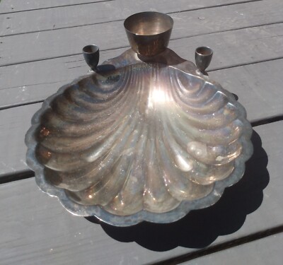 Vintage Large Silver Plate Clam Shell Chip and Dip Tray w Candle Holders-image
