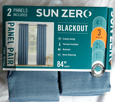 Sun Zero Filmore Blue Thermal Rod-Pocket 2 Curtain Panels, 80