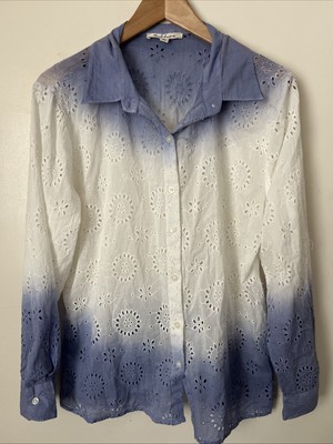 Solitaire Anthropologie Dip Dye Eyelet Blue White Cover Up Button Down Shirt L-image