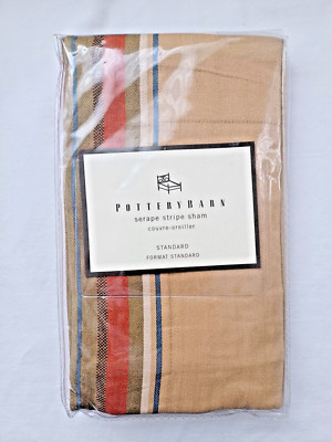 Pottery Barn Serape Stripe Standard Sham Linen Blend tan green rust Southwestern-image