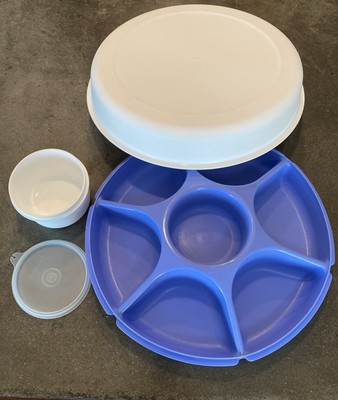 Tupperware Divided Veggie Party Tray, Dip Bowl/lid Set, 1665-3, BLUE, NEW-image