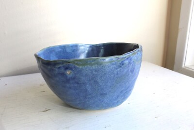 Large Studio Pottery Hand Built Bowl Organic Shape Blue Green Plaid Student Made-image