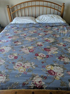 Pottery Barn  Duvet Cover Full Cotton  Blue Flora Reversible Stripe Rare-image