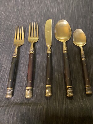 Pottery Barn Golden Antiqued Bronze Rosewood 5 Piece Flatware Set-image