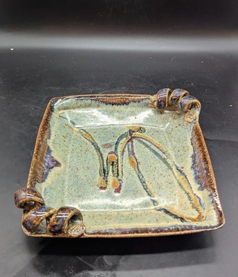 Vintage Studio Art Pottery Square Stoneware Handled Tray Plate  8.5