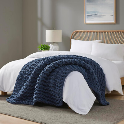 Madison Park Chenille Chunky Knit Handmade Throw Blanket-Navy Blue-50'X60