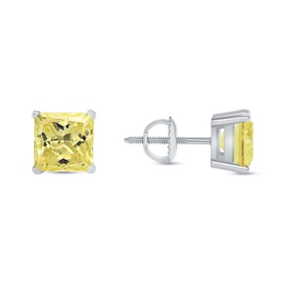 6 Ct Princess Cut Canary Earrings Studs Solid 14K White Gold Screw Back Basket-image