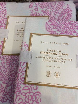 Pottery Barn TeenIsabella Full/Queen Duvet & 2 Standard Shams F/Q Pink Aqua NWT!-image