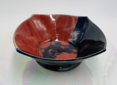 Artist Signed Studio Art Pottery Color Block  Red Black Square Bowl Glazed 6x2