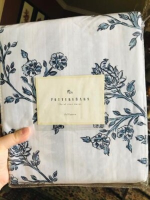 Pottery Barn Floral Vines Duvet Cover White Navy Blue Queen Cottage No Sham🦩-image