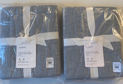 2 Pottery Barn Belgian Flax Linen Hand Stitched STANDARD Quilted SHAMS Chambray-image