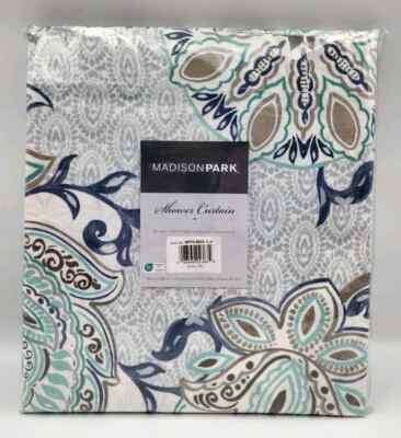 Madison Park MP70-5822 72×72 in Isla|Lole Blue Cotton Printed Shower Curtain -image