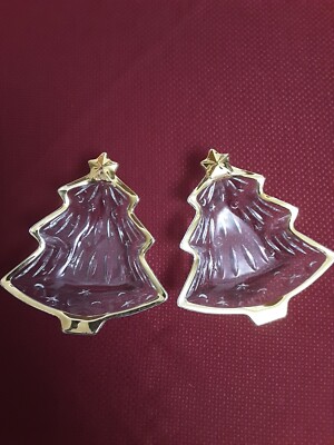 STUDIO NOVA YULETIDE SPIRIT TREE SHAPED GLASS CANDY DISH W/ GOLD TRIM- Lot Of 2-image