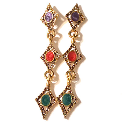 Post Earrings Gold Tone Linked Enameled Dangles-image