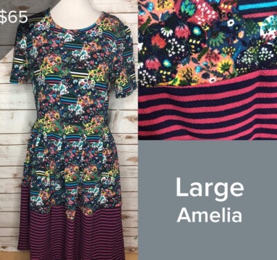 LulaRoe Large Dipped Amelia Dress Floral Top with Striped Bottom NWT-image