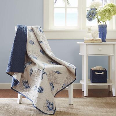 Bayside Luxury Oversized Quilted Throw Ivory Navy Blue 60x70 Coastal Premium ...-image