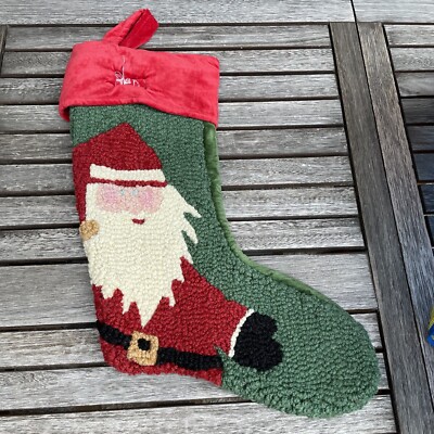 Pottery Barn Chandler 4 Corners Hooked-Wool Christmas Stocking Santa Mono Read-image