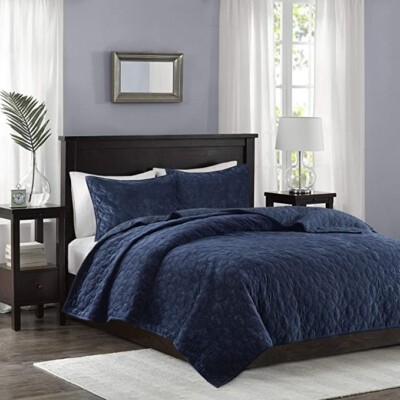 Madison Park King Cal 3pc Coverlet Set Bed Shams Navy Blue Quilted Velvet New 6D-image