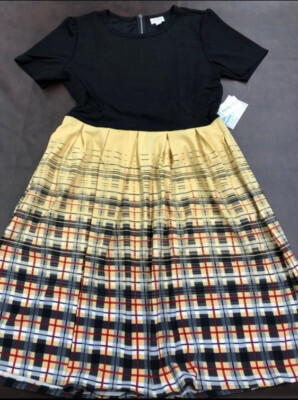 LuLaRoe XL Yellow Black Plaid Dip Amelia Dress 18/20 16/18 Pleated Pockets 🦄-image