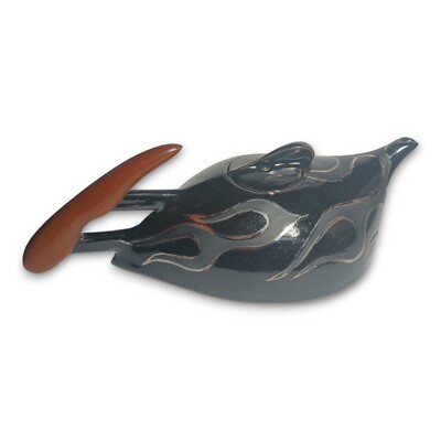 Unique Gas Tank Shaped Teapot Silver Gray Flames Studio Art Pottery Black-image