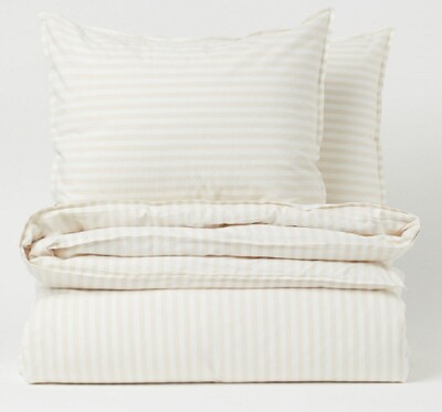 Narrow Striped Duvet Cover Set Light Neutral Queen 2 Standard Pillowcases Sham-image