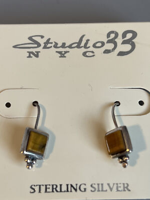 EARRINGS Studio 33 NYC Sterling Silver Yellow Jasper Square Stone See Photos-image