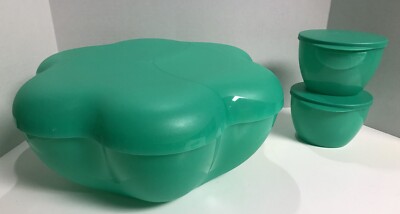Teal Tupperware Chip 'N Dip Party Bowl Set With 2 Hanging Dip Bowls-image