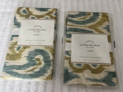 Pottery Barn Pillow Sham Phillipa Ikat Blue Green Standard 26x20 New Set Of 2-image