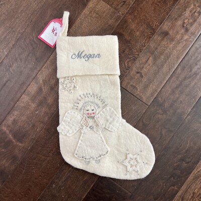 NWT POTTERY BARN GLITTER Sequin Cream WOOL Angel CHRISTMAS STOCKING Mono Megan-image
