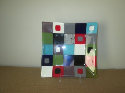 New Signed ANITAB Colorful Fused Studio Art Glass Square Platter Plate Tray-image