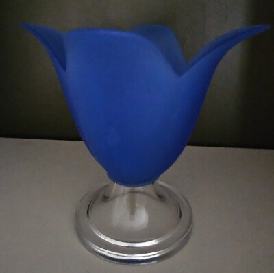Cobalt Blue Tulip Shaped Footed Vase with Round Clear Glass Base, 6.75 in. high-image