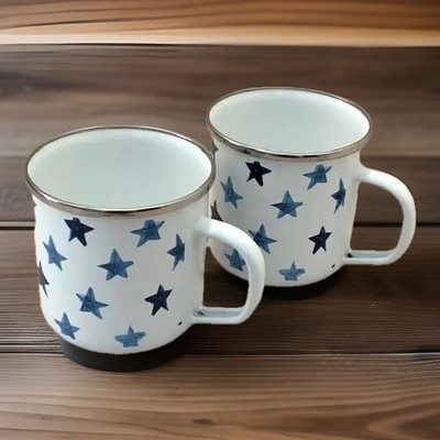 Pottery Barn Mug Cup Americana Blue Stars Enamel Metal Farmhouse Western VTG 2-image