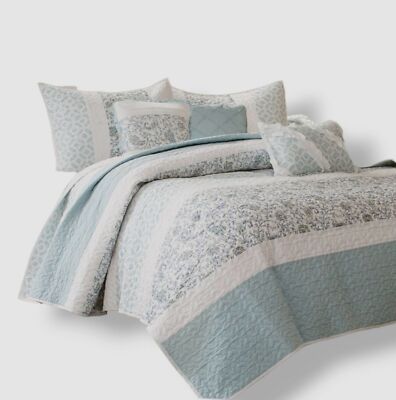 Madison Park Blue 6-pc Reversible Stella Percale with Throw Pillows Quilt Set-image