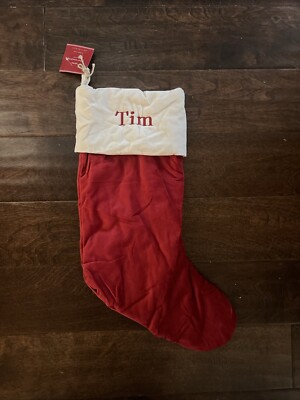 NWT Pottery Barn Classic Medium Red Ivory Velvet Christmas Stocking Mono Tim-image