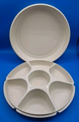 Vintage Tupperware Veggie Chip Dip Divided Serving Tray 1665-2 Almond With Lid-image