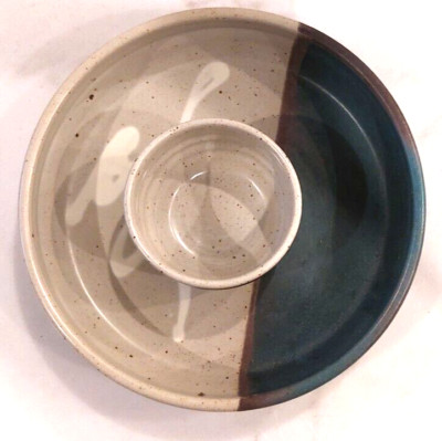 Vintage Beautiful Large Handmade Pottery Chip and Dip Serving Bowl-image