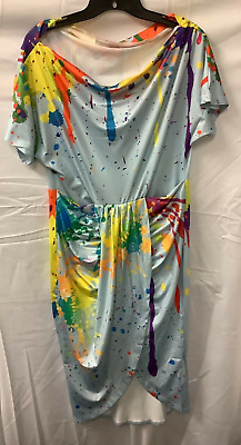 Chic Me Ruched Dip Hem Dress Womens Size L Blue Short Sleeve Ink Splash Print-image