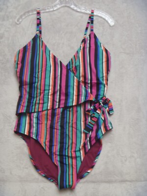 DIP Swimsuit Womens Size L 12 Striped Purple Green Black Figure Flattering-image
