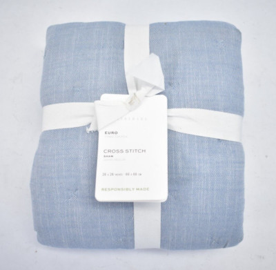 Pottery Barn Cotton Cross Stitch Quilted Sham Chambray Blue Euro Size 26