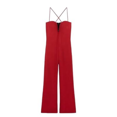 Zara Studio Collection SweetHeart Neckline Red Jumpsuit Sz S 80s Valetines Day-image