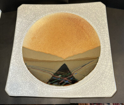 Vintage Rob Wiedmaier Studio Pottery Crackle Sqaure Shallow Pedestal Bowl 10”-image