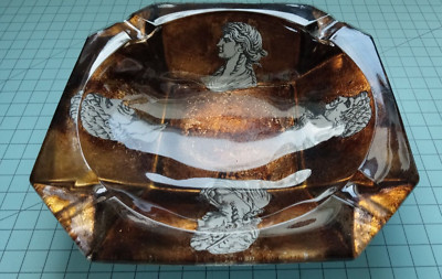 Vintage Sungott Art Studios Amber Square Glass Ashtray Greek Design-image