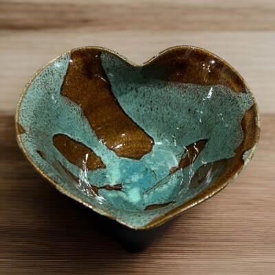 Studio Art Pottery Heart Shape Bowl Dish Drip Glaze Teal Artist Signed-image