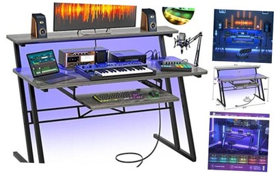  Music Studio Desk with Power Outlets and RGB LED Lights, Music Production -image